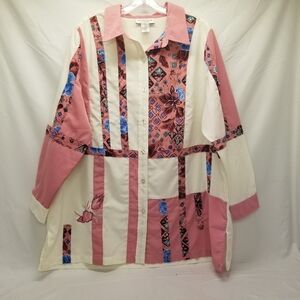 Brylane Woman Collection Size 22W Blouse Long Sleeve Pink Cream Floral Print